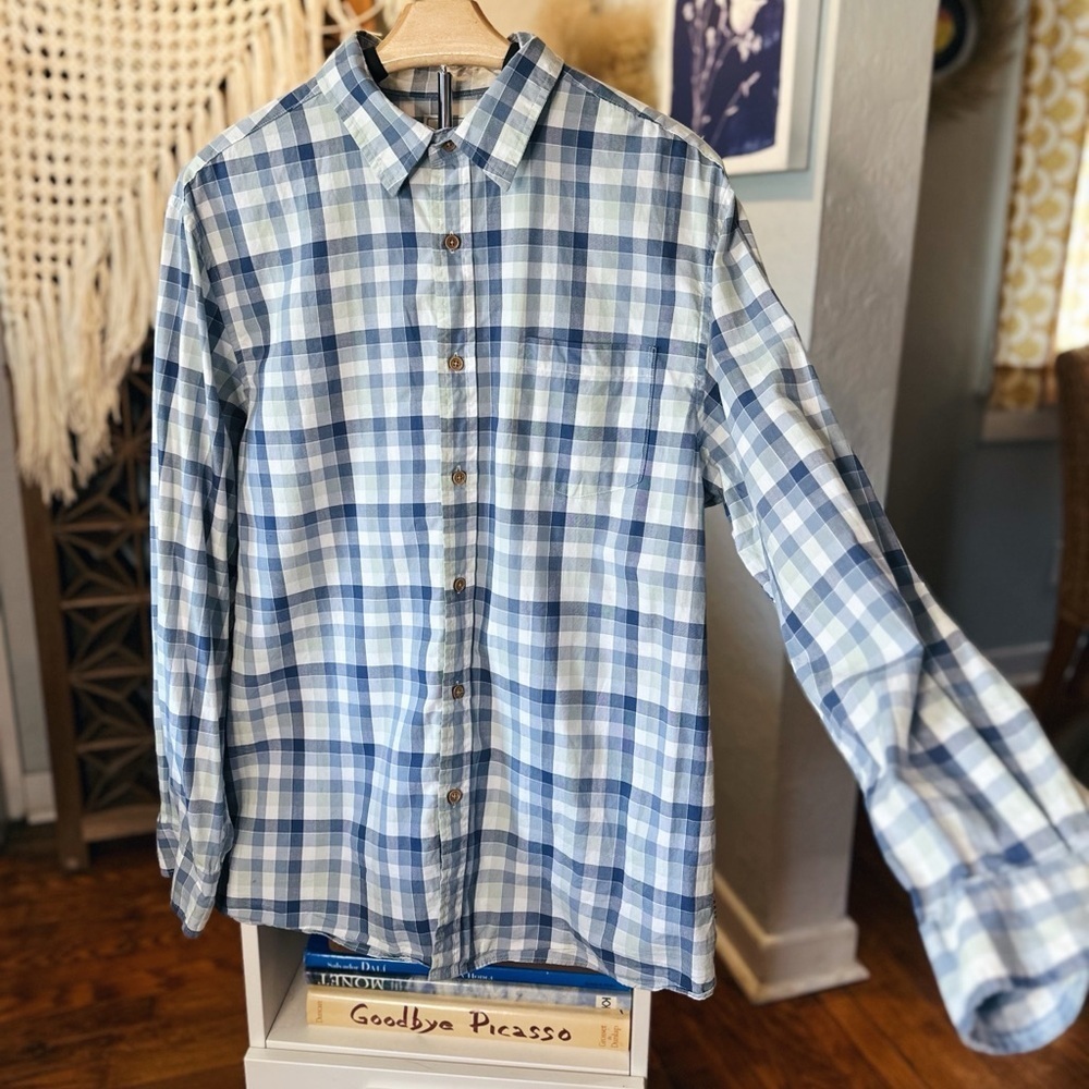 ROWM Blue and White Plaid Button Down Long Sleeve Shirt
